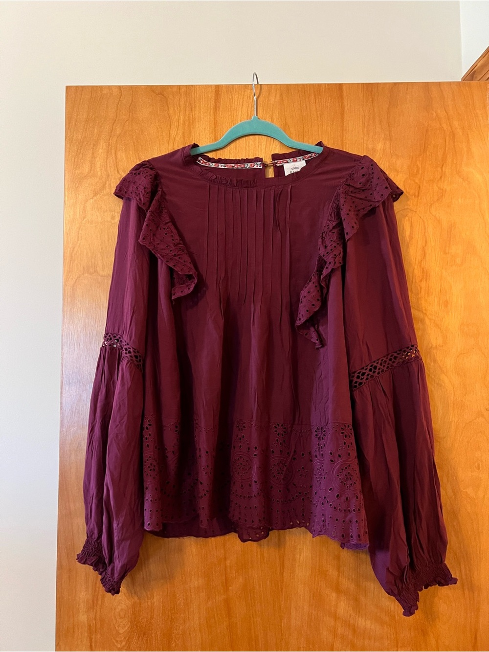 Knox Rose Antique Berry Blouse Top Peasant Long Sleeve Eyelet Ruffle NWT XXL 2XL